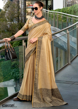 Beige Brown Tissue Linen Saree with Subtle Woven Border
