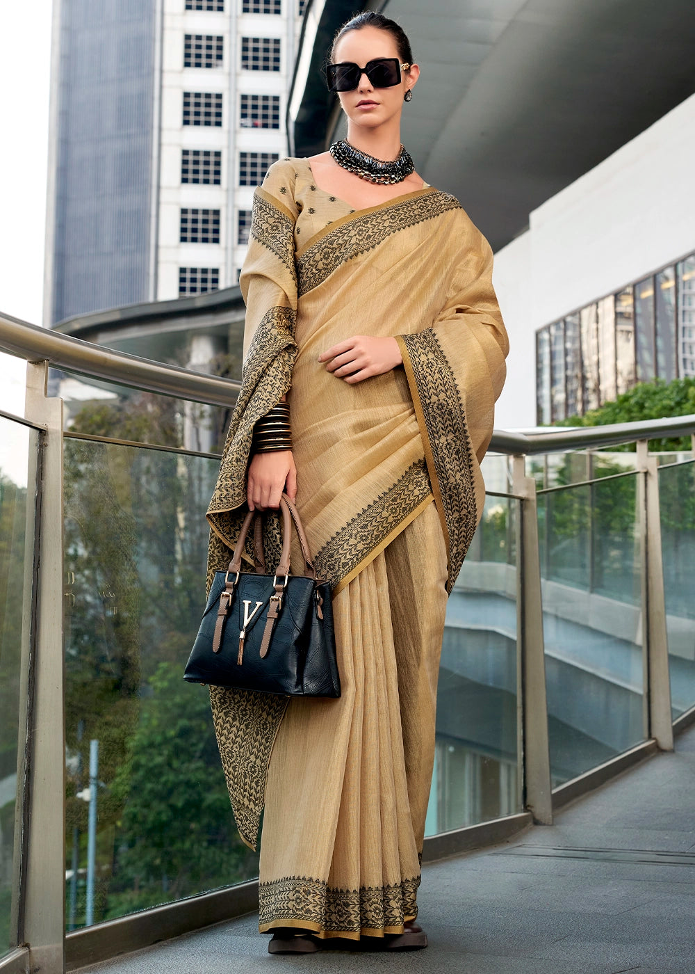 Beige Brown Tissue Linen Saree with Subtle Woven Border