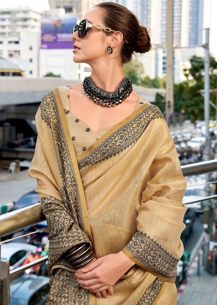 Beige Brown Tissue Linen Saree with Subtle Woven Border