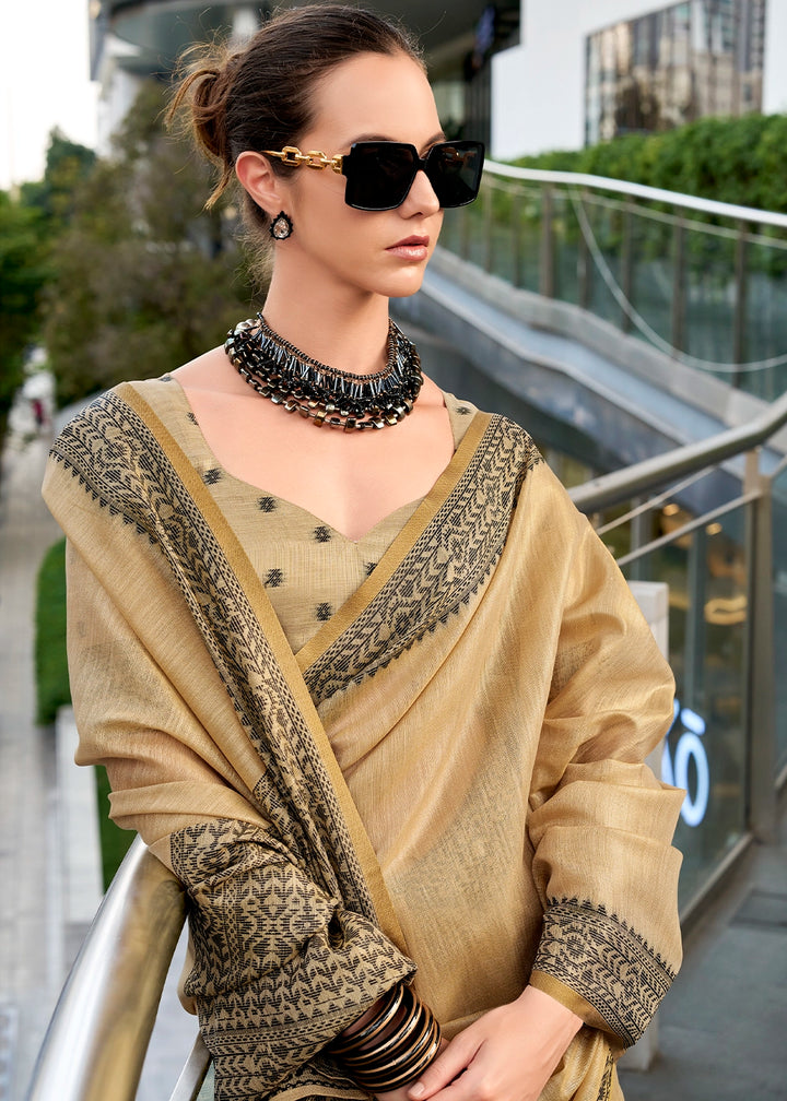 Beige Brown Tissue Linen Saree with Subtle Woven Border