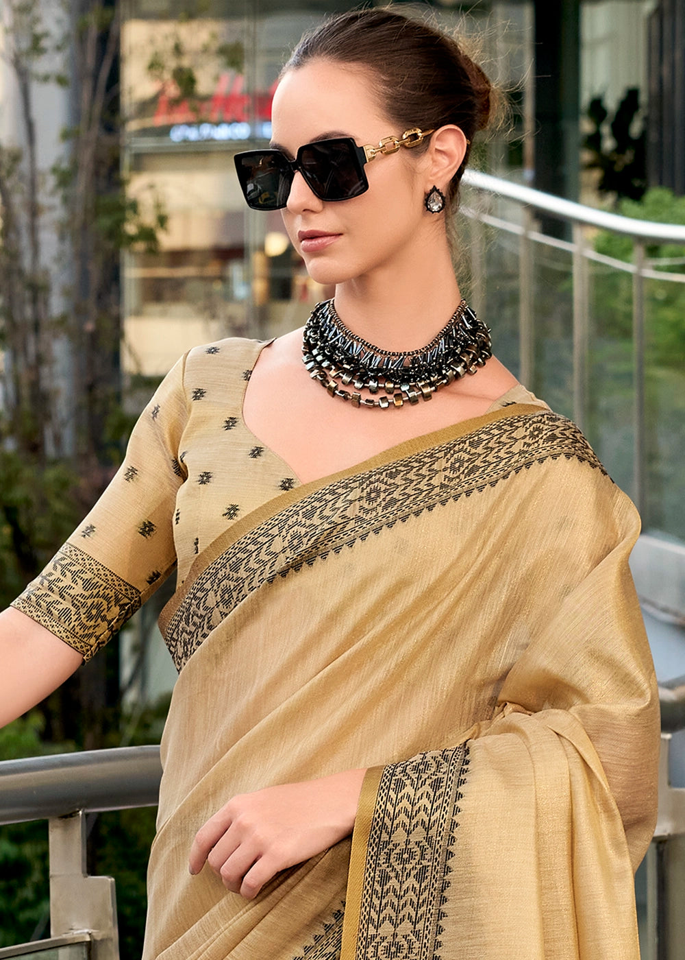 Beige Brown Tissue Linen Saree with Subtle Woven Border
