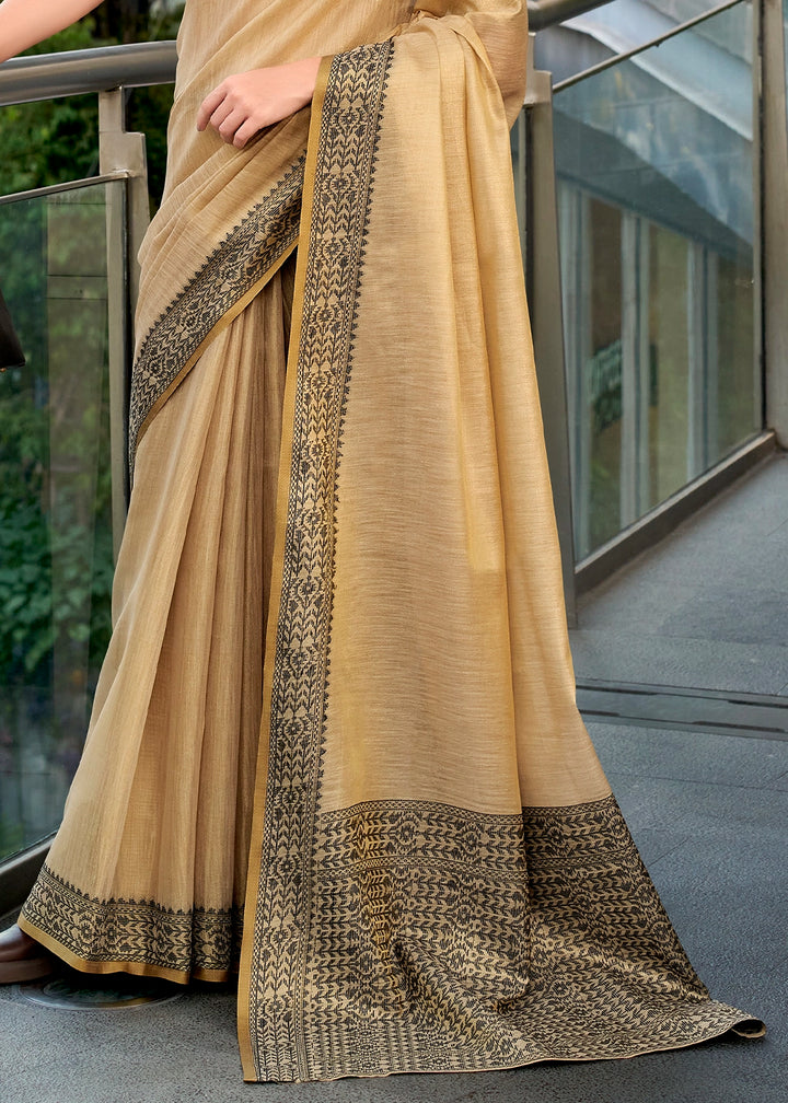 Beige Brown Tissue Linen Saree with Subtle Woven Border