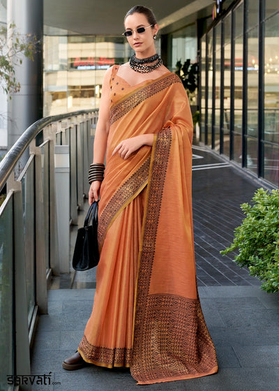 Coral Orange Tissue Linen Saree with Subtle Woven Border