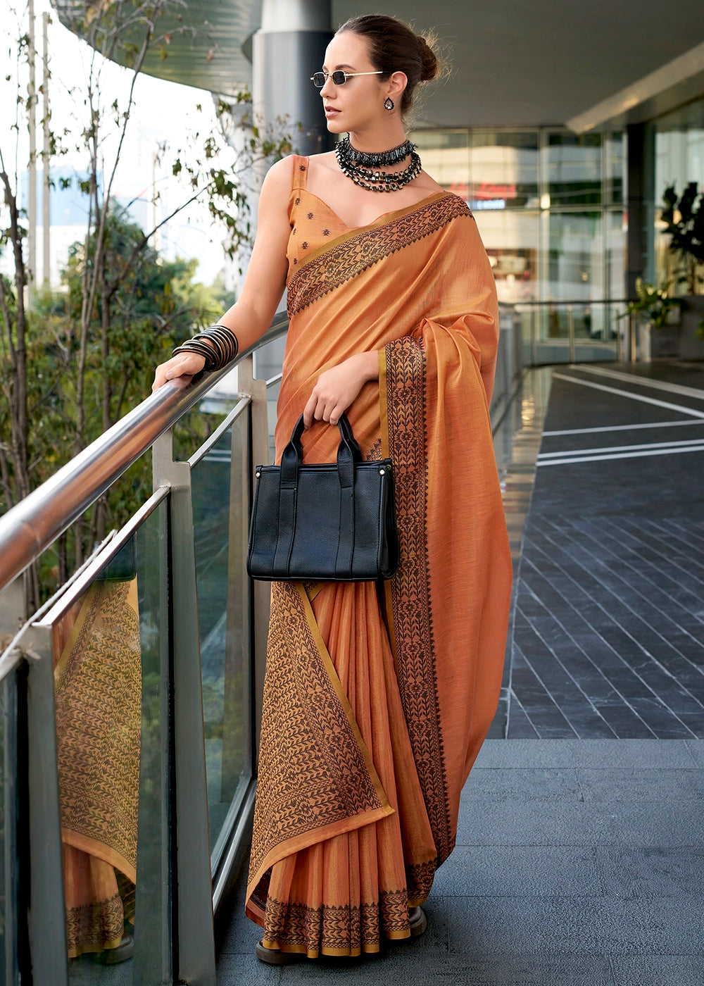 Coral Orange Tissue Linen Saree with Subtle Woven Border