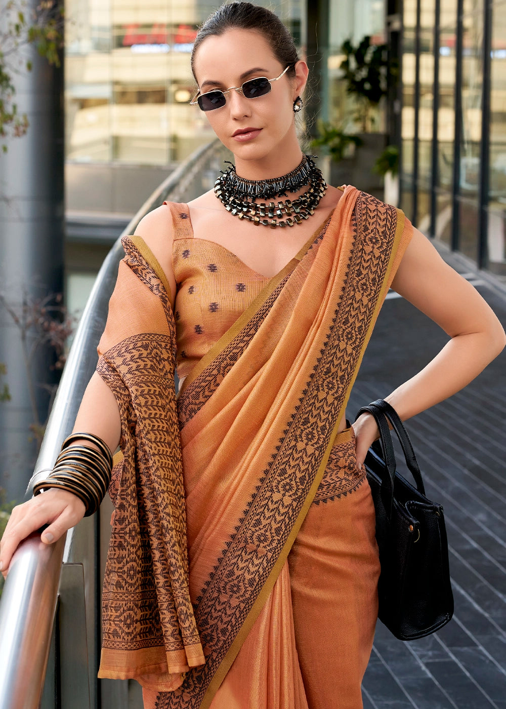 Coral Orange Tissue Linen Saree with Subtle Woven Border