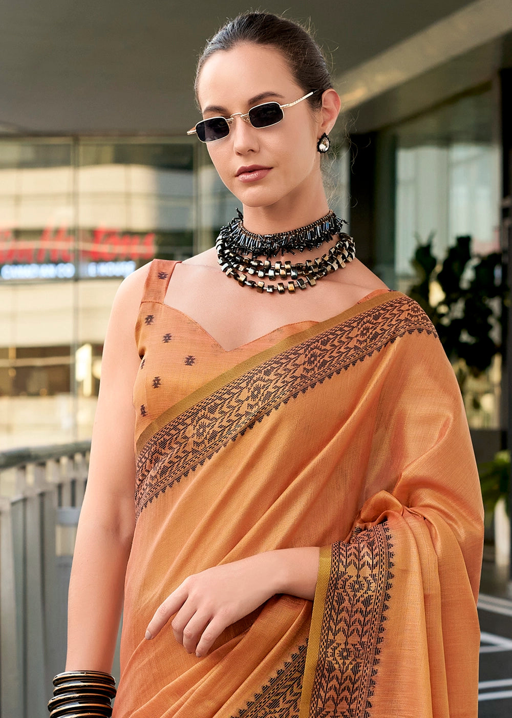 Coral Orange Tissue Linen Saree with Subtle Woven Border