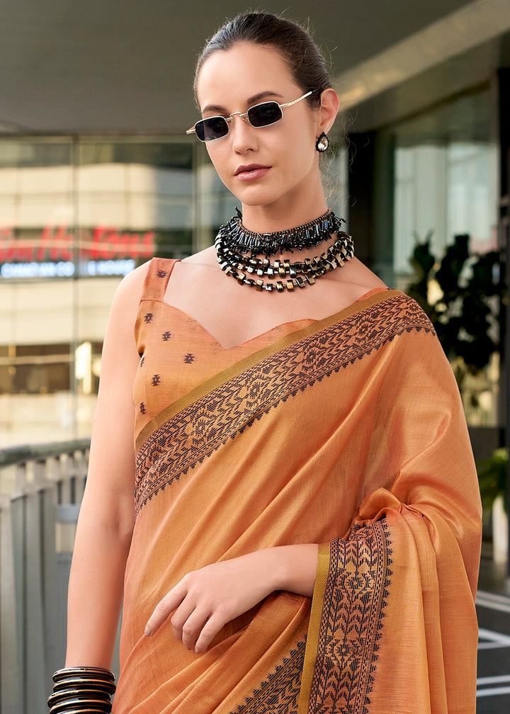 Coral Orange Tissue Linen Saree with Subtle Woven Border