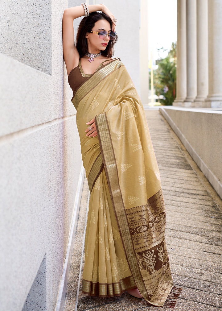 Beige Brown Handwoven Ikkat Silk Saree – Traditional Craftsmanship