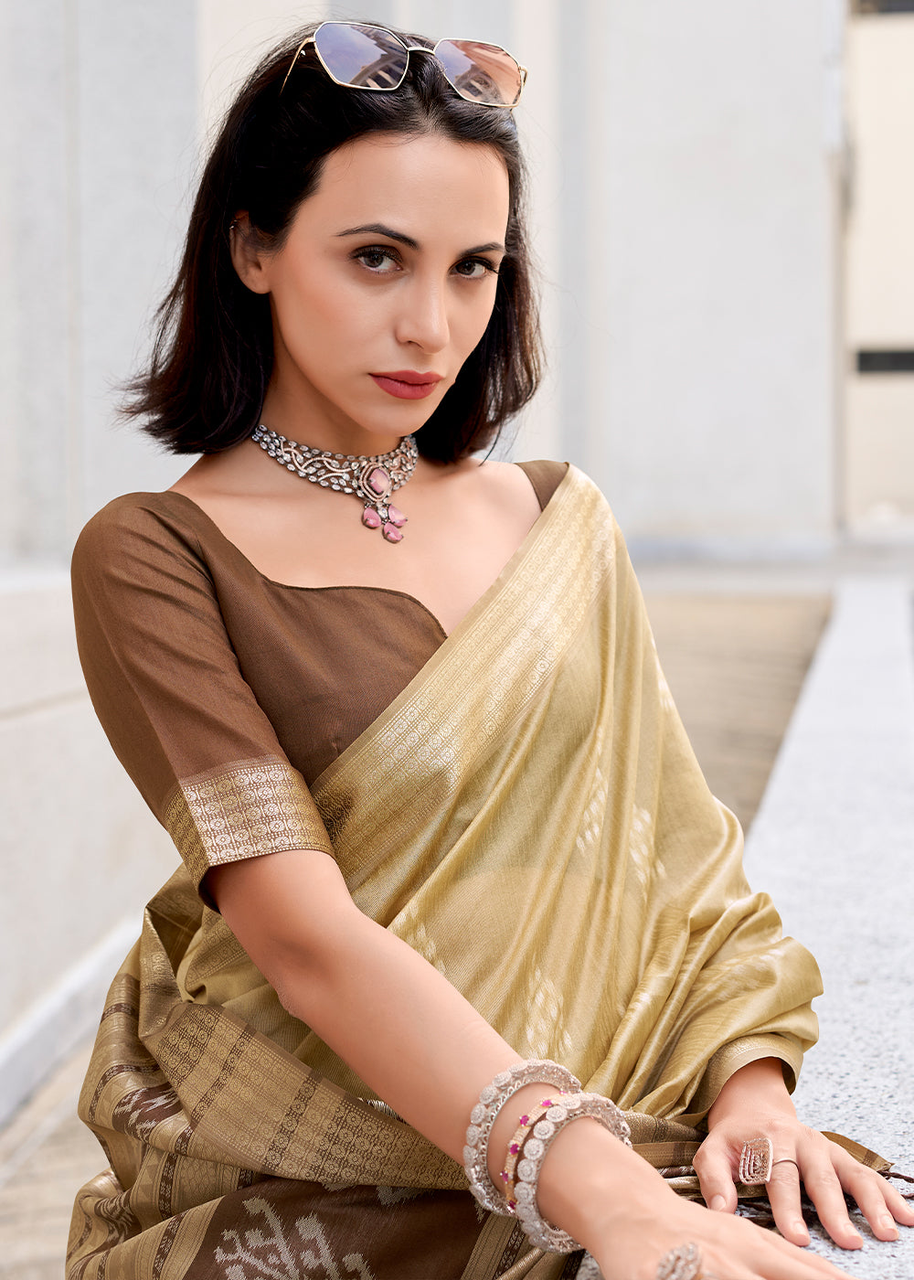 Beige Brown Handwoven Ikkat Silk Saree – Traditional Craftsmanship