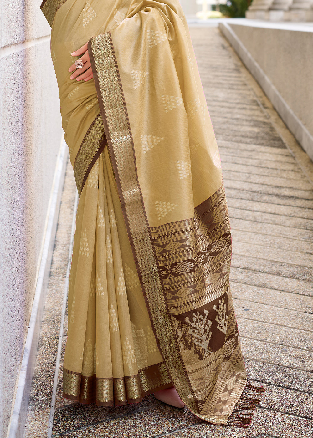 Beige Brown Handwoven Ikkat Silk Saree – Traditional Craftsmanship