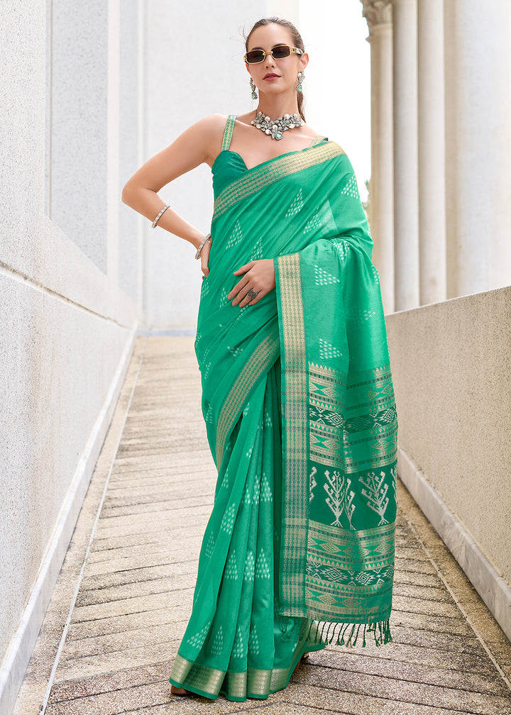 Jade Green Handwoven Ikkat Silk Saree – Traditional Craftsmanship