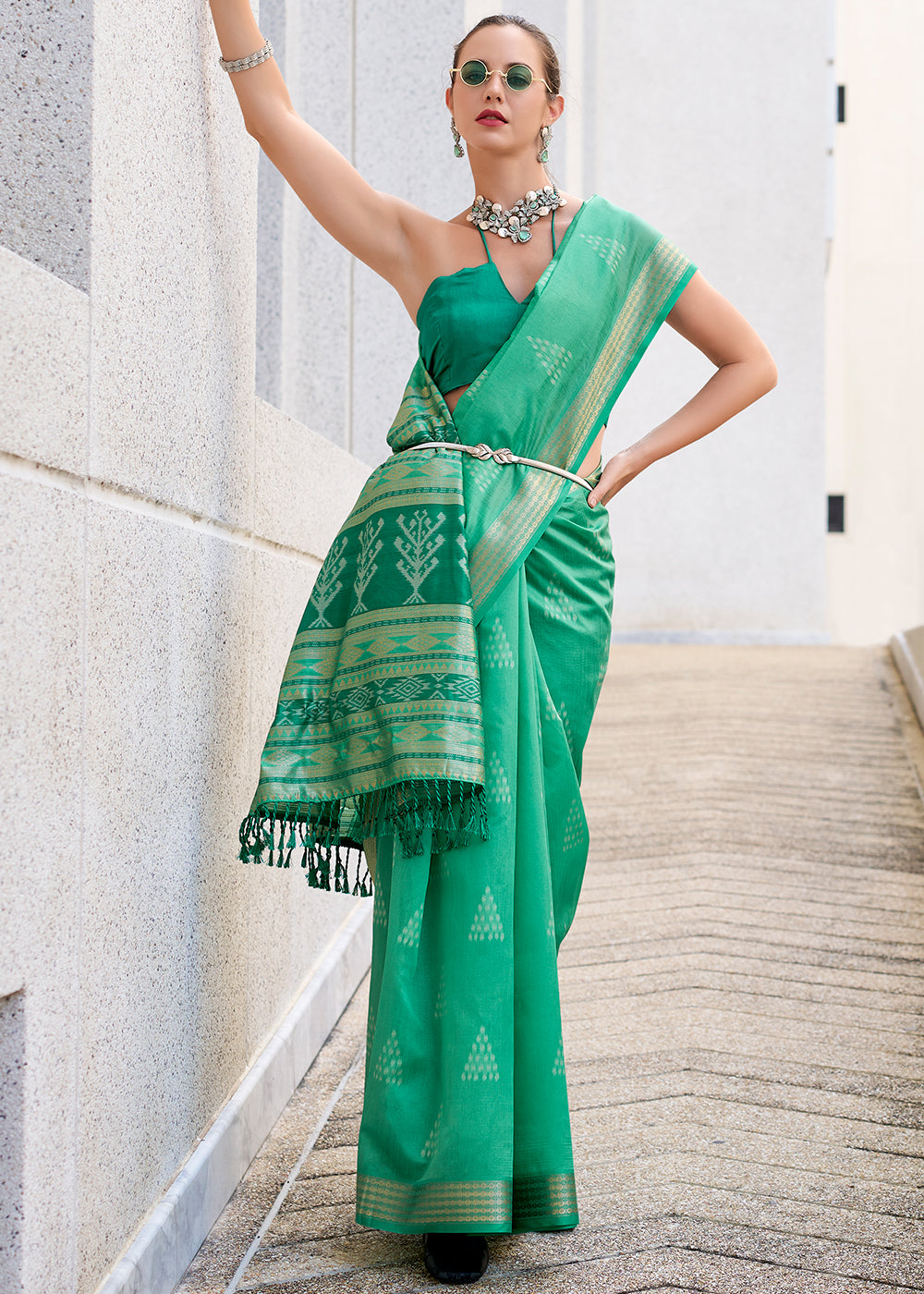 Jade Green Handwoven Ikkat Silk Saree – Traditional Craftsmanship