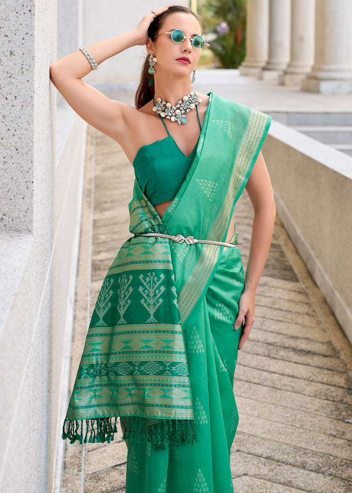 Jade Green Handwoven Ikkat Silk Saree – Traditional Craftsmanship