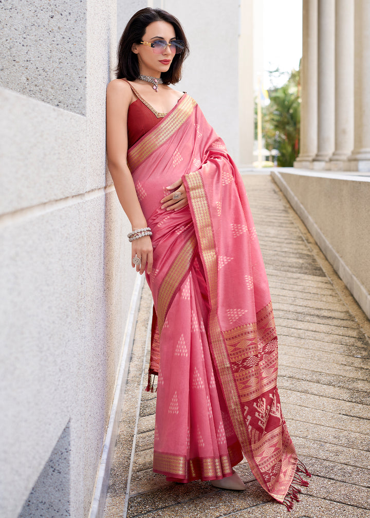 Brink Pink Handwoven Ikkat Silk Saree – Traditional Craftsmanship