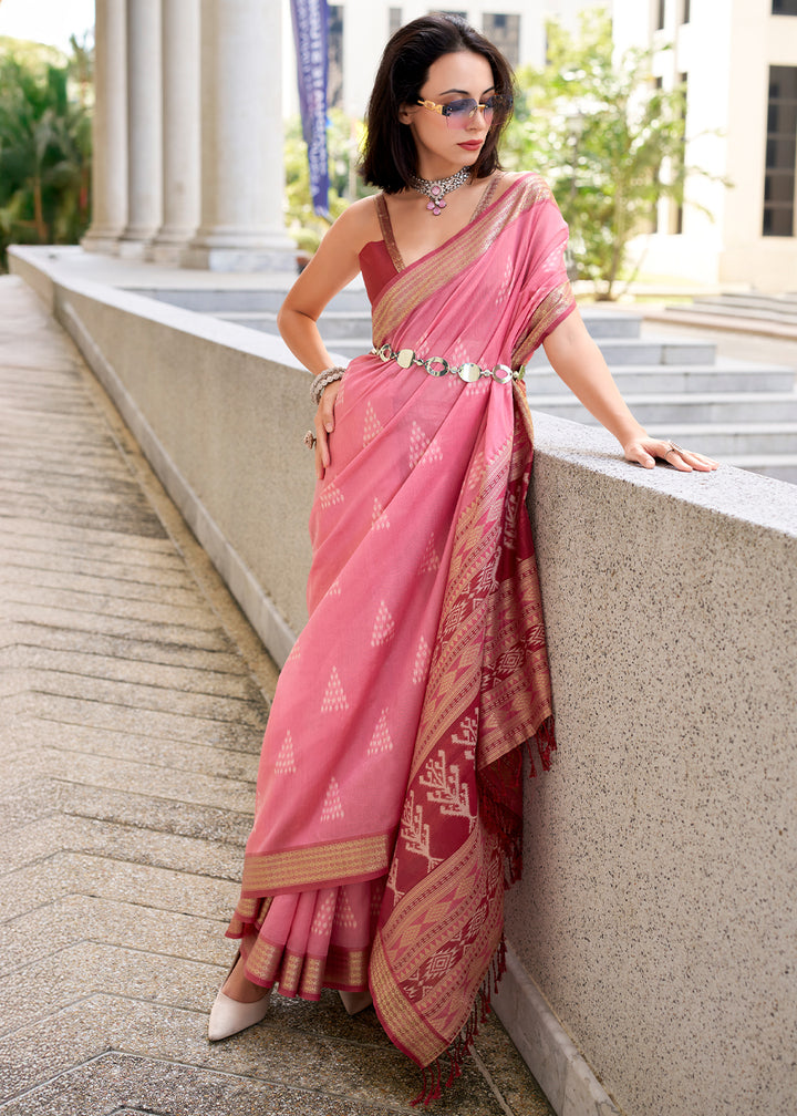 Brink Pink Handwoven Ikkat Silk Saree – Traditional Craftsmanship