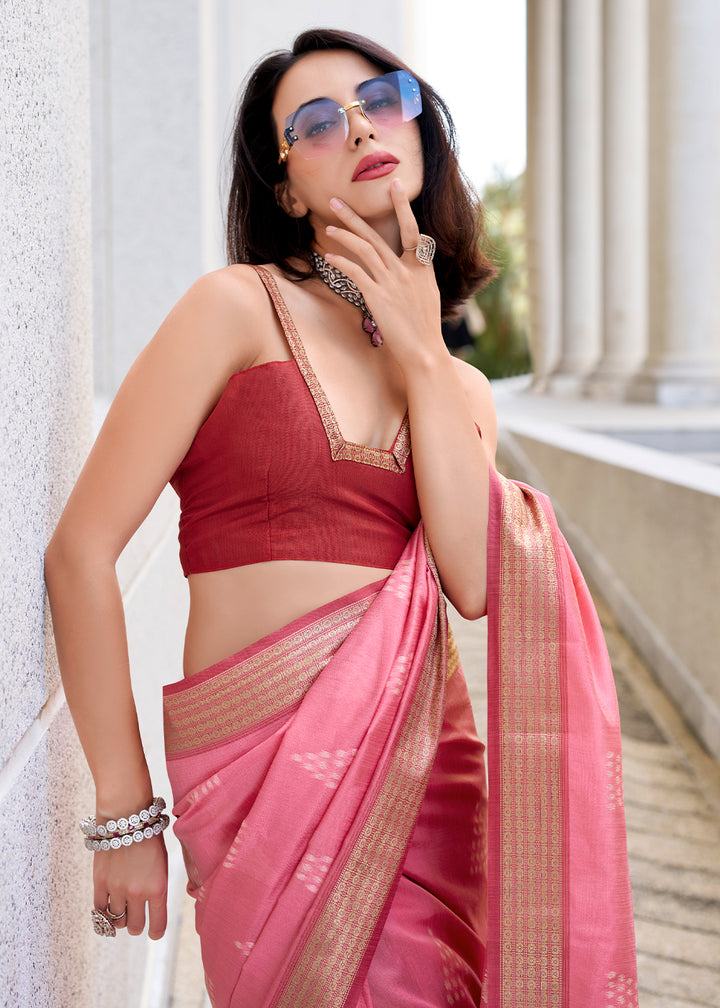 Brink Pink Handwoven Ikkat Silk Saree – Traditional Craftsmanship