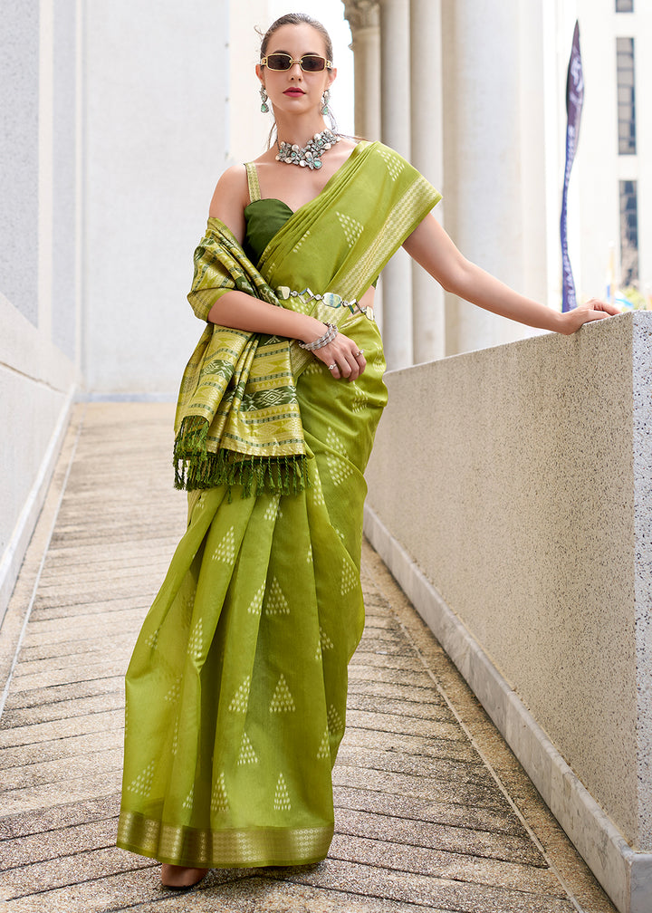 Olive Green Handwoven Ikkat Silk Saree – Traditional Craftsmanship