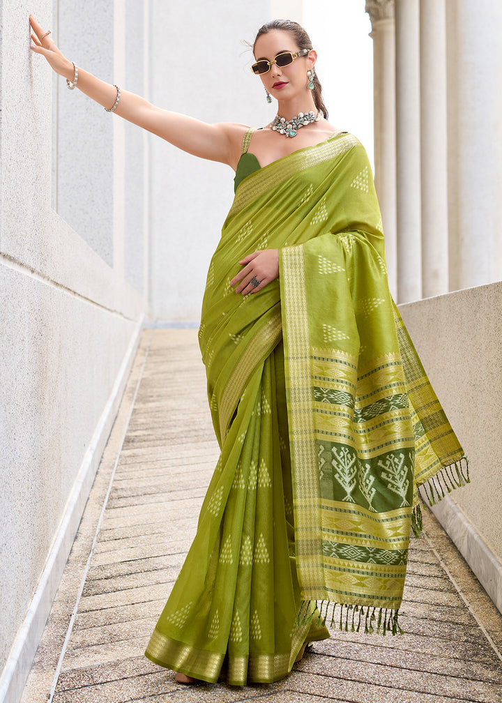 Olive Green Handwoven Ikkat Silk Saree – Traditional Craftsmanship