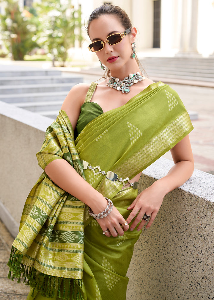 Olive Green Handwoven Ikkat Silk Saree – Traditional Craftsmanship