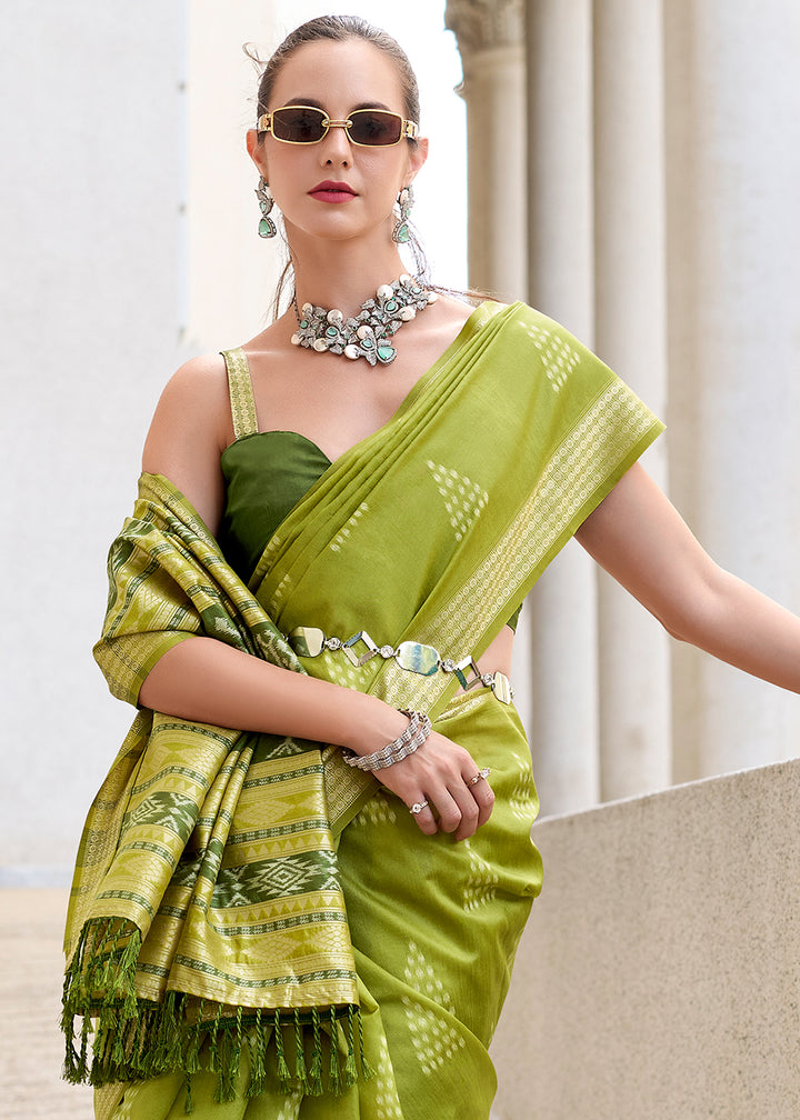 Olive Green Handwoven Ikkat Silk Saree – Traditional Craftsmanship