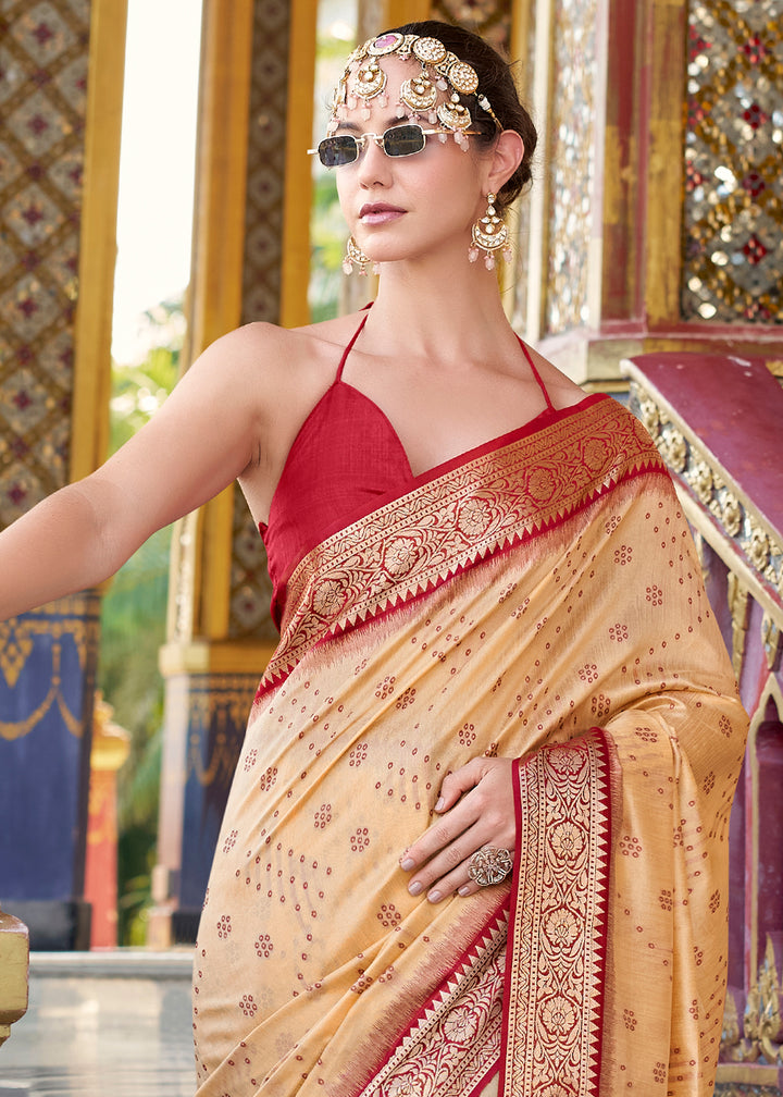 Beige Brown Tussar Silk Saree with Exquisite Zari Border & Patola Pallu