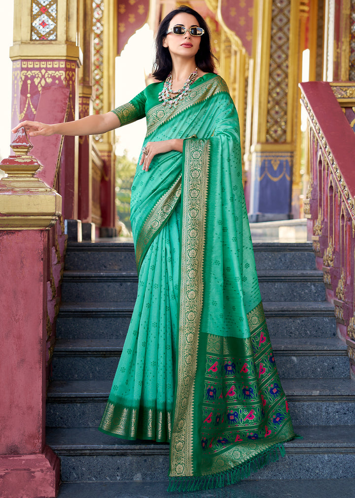 Shades Of Green Tussar Silk Saree with Exquisite Zari Border & Patola Pallu