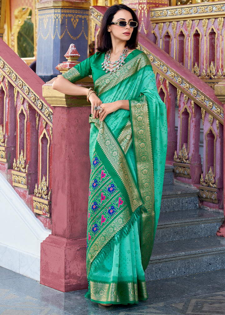 Shades Of Green Tussar Silk Saree with Exquisite Zari Border & Patola Pallu