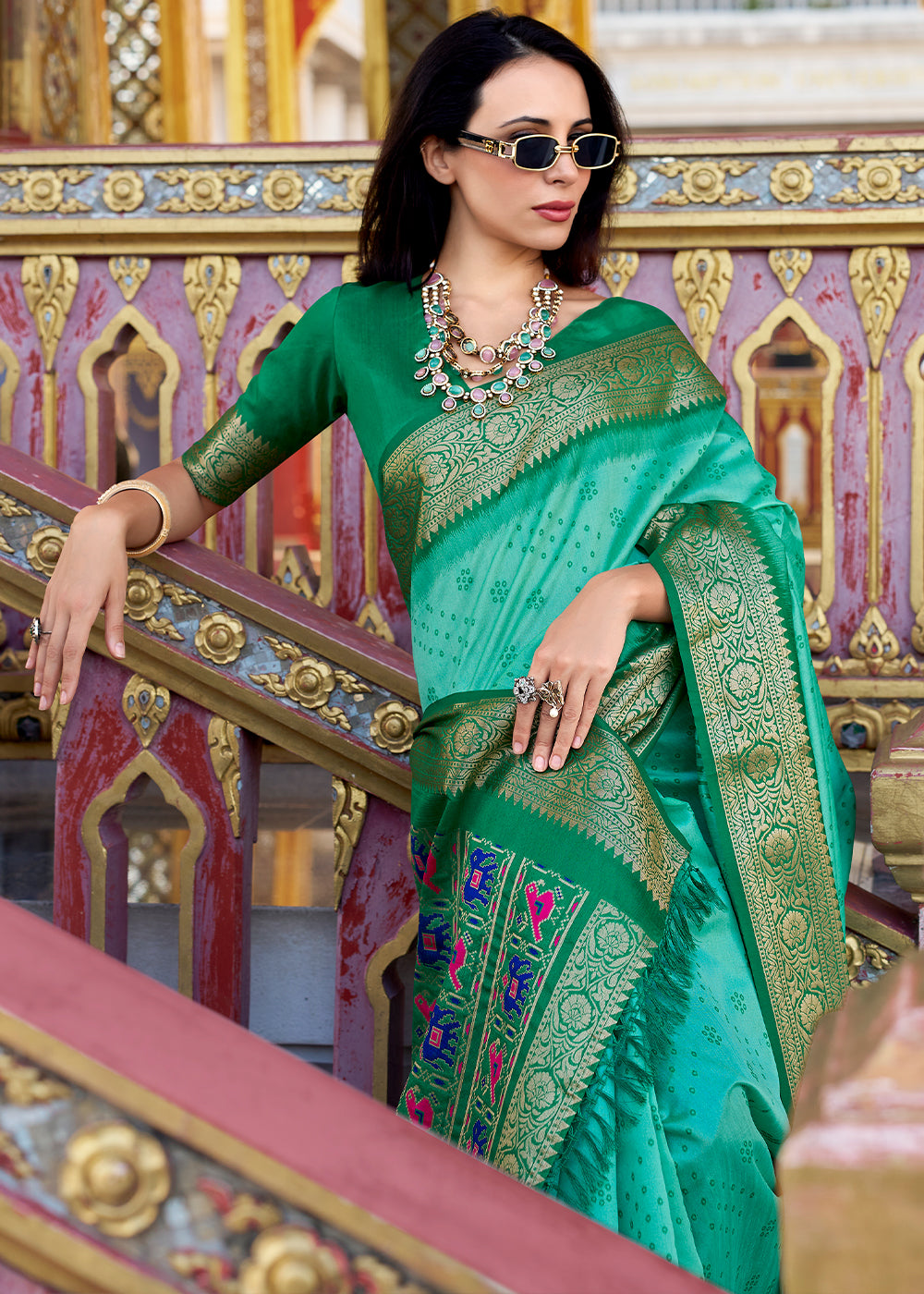 Shades Of Green Tussar Silk Saree with Exquisite Zari Border & Patola Pallu