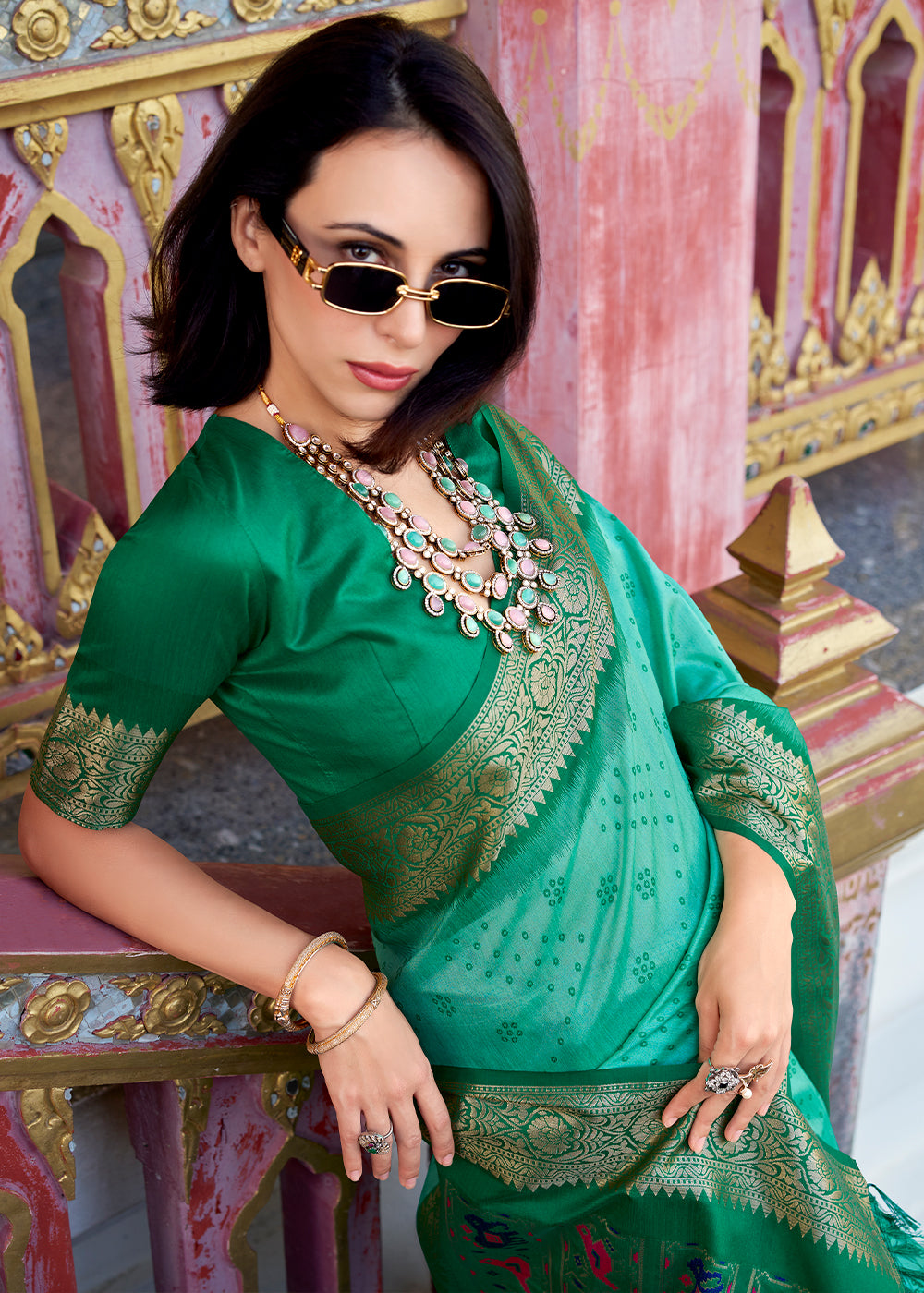 Shades Of Green Tussar Silk Saree with Exquisite Zari Border & Patola Pallu