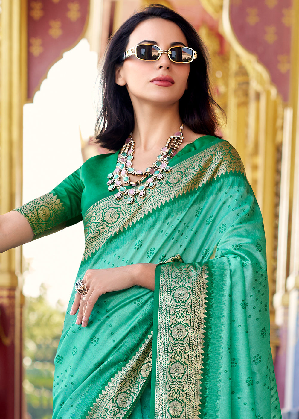 Shades Of Green Tussar Silk Saree with Exquisite Zari Border & Patola Pallu