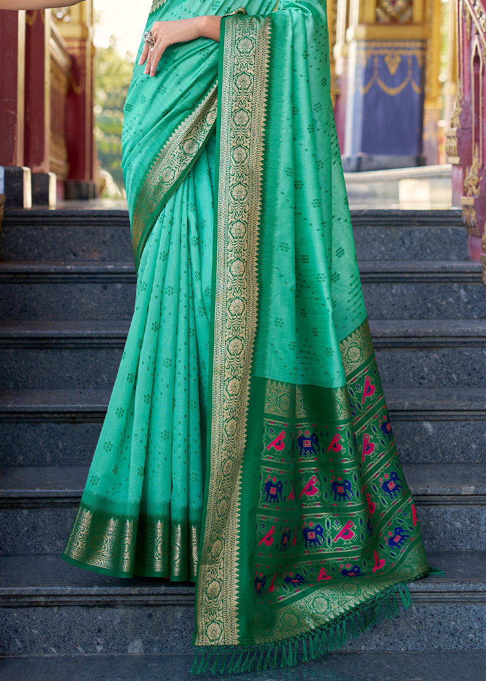 Shades Of Green Tussar Silk Saree with Exquisite Zari Border & Patola Pallu