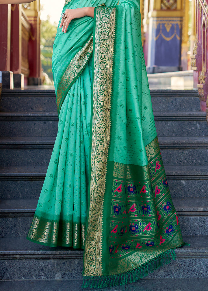 Shades Of Green Tussar Silk Saree with Exquisite Zari Border & Patola Pallu