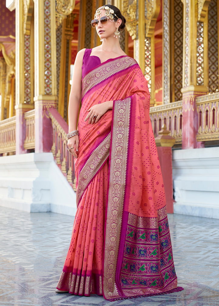 Pink & Purple Tussar Silk Saree with Exquisite Zari Border & Patola Pallu