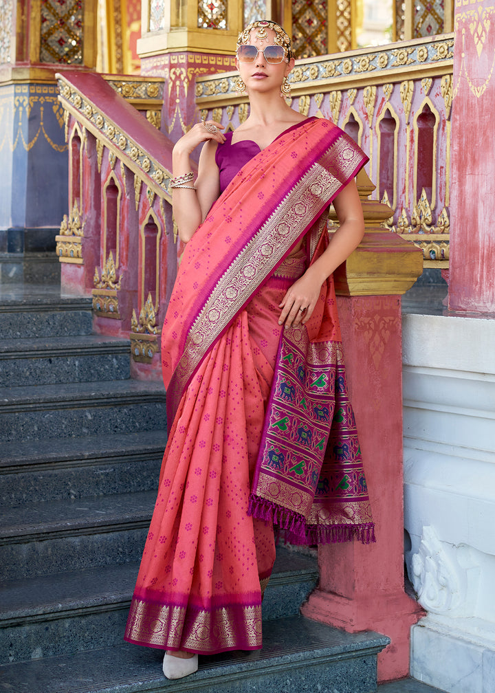 Pink & Purple Tussar Silk Saree with Exquisite Zari Border & Patola Pallu