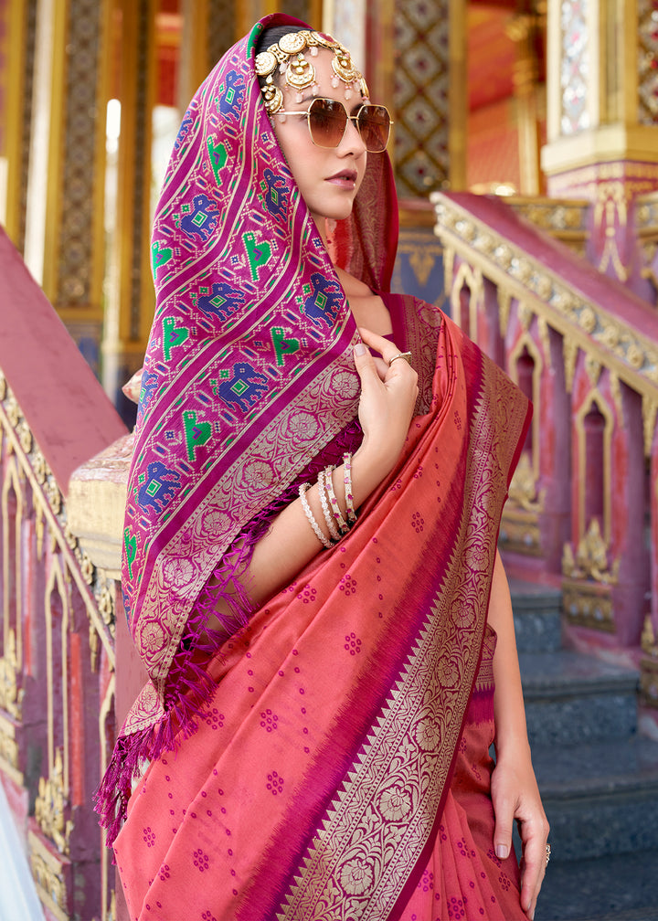 Pink & Purple Tussar Silk Saree with Exquisite Zari Border & Patola Pallu