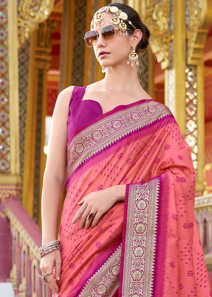 Pink & Purple Tussar Silk Saree with Exquisite Zari Border & Patola Pallu