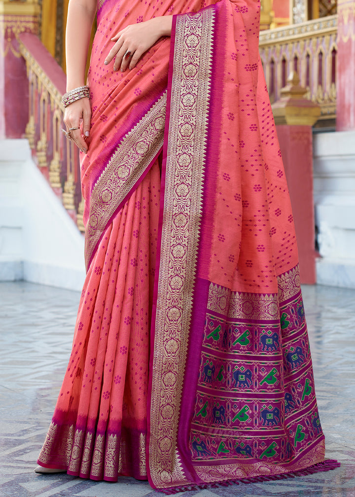 Pink & Purple Tussar Silk Saree with Exquisite Zari Border & Patola Pallu