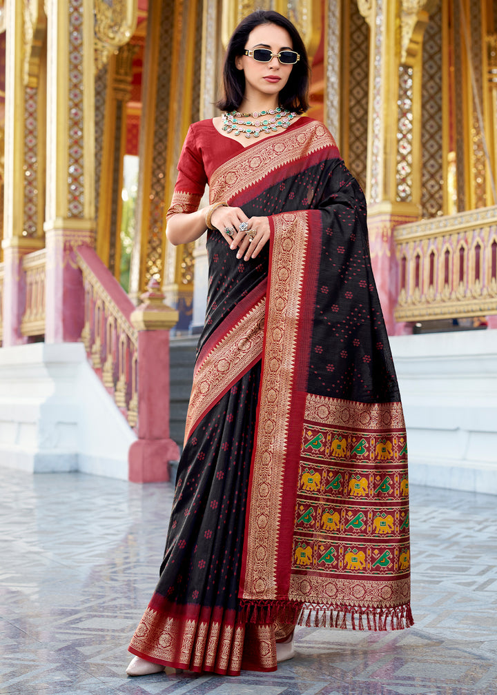 Pitch Black Tussar Silk Saree with Exquisite Zari Border & Patola Pallu