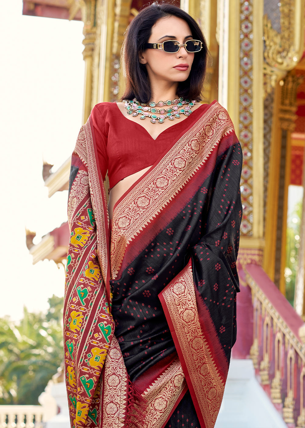 Pitch Black Tussar Silk Saree with Exquisite Zari Border & Patola Pallu