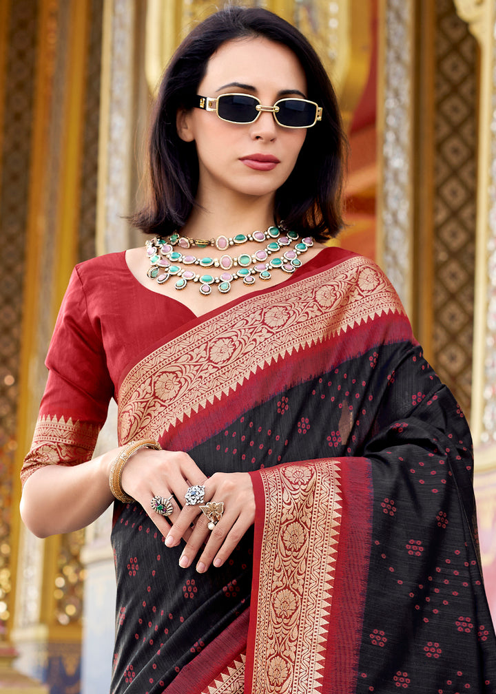 Pitch Black Tussar Silk Saree with Exquisite Zari Border & Patola Pallu