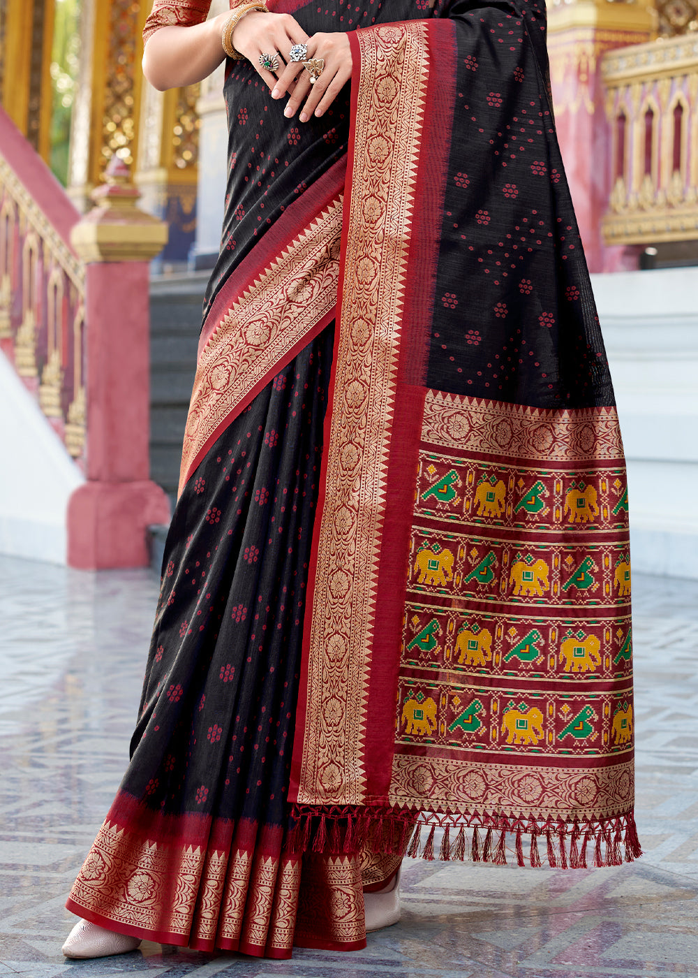 Pitch Black Tussar Silk Saree with Exquisite Zari Border & Patola Pallu