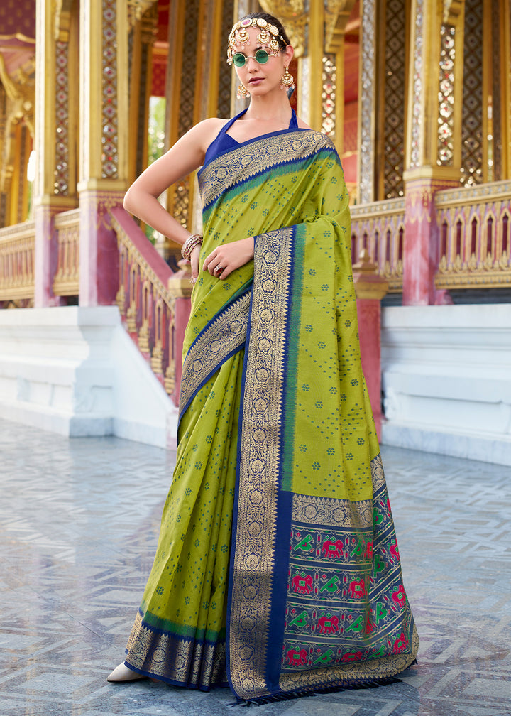 Pea Green Tussar Silk Saree with Exquisite Zari Border & Patola Pallu