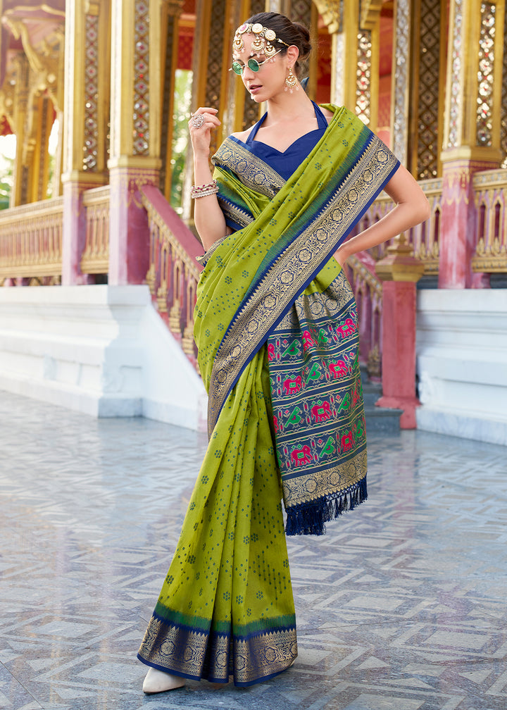 Pea Green Tussar Silk Saree with Exquisite Zari Border & Patola Pallu