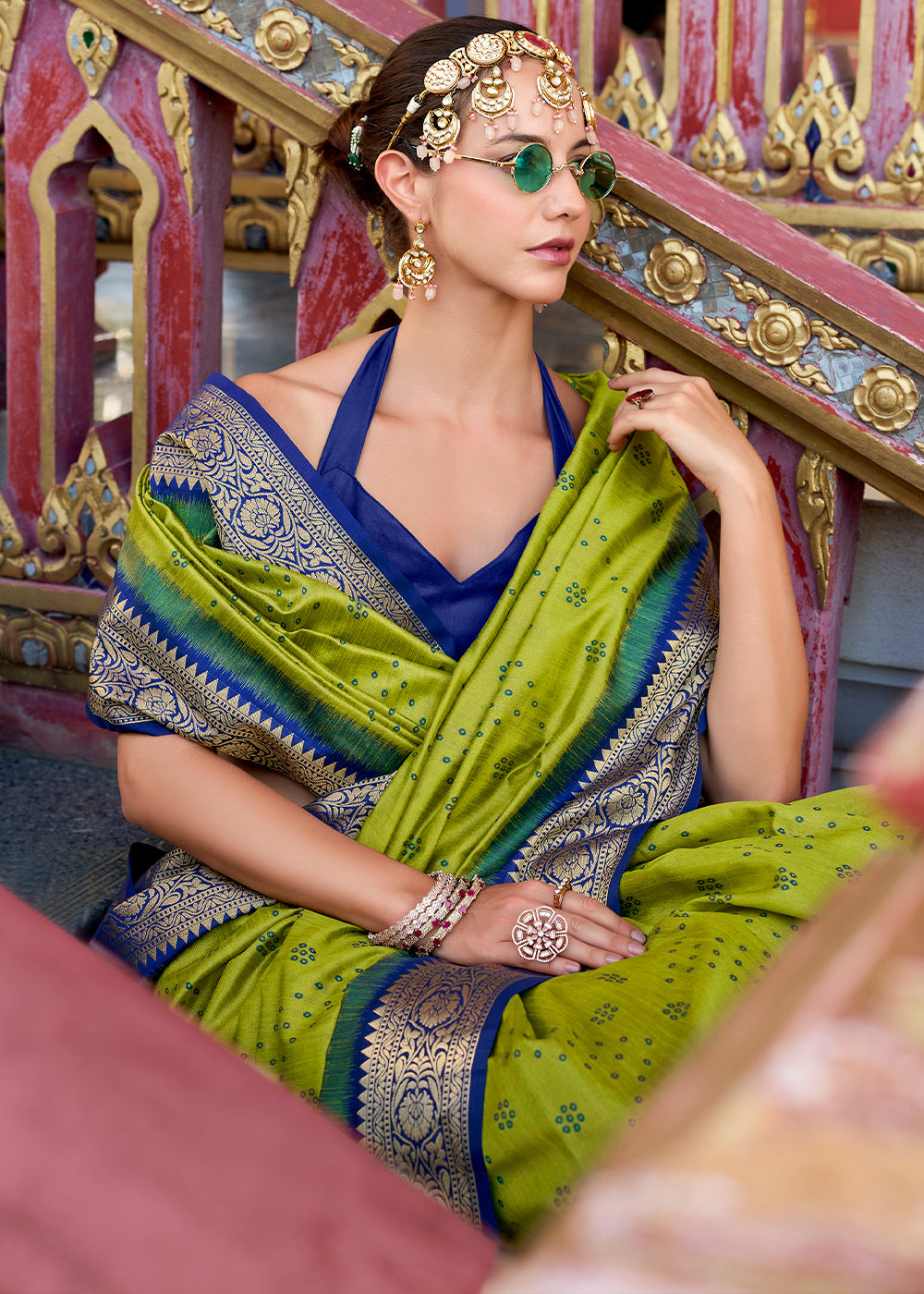 Pea Green Tussar Silk Saree with Exquisite Zari Border & Patola Pallu