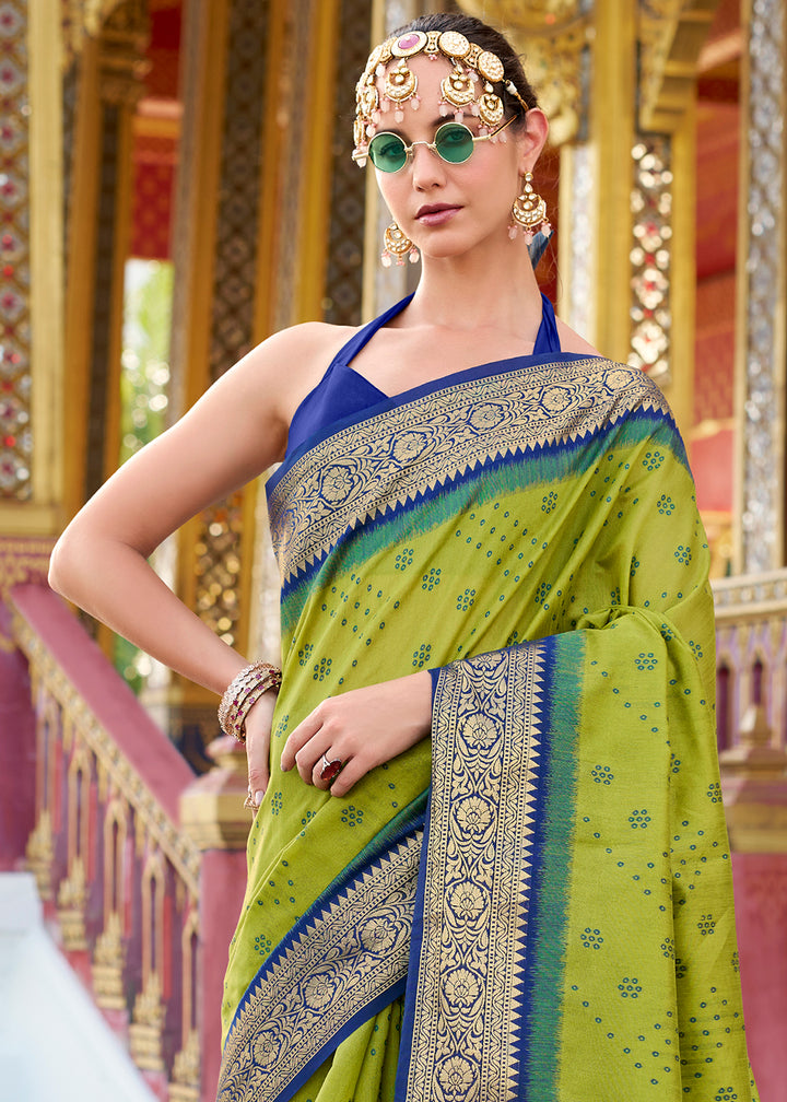 Pea Green Tussar Silk Saree with Exquisite Zari Border & Patola Pallu