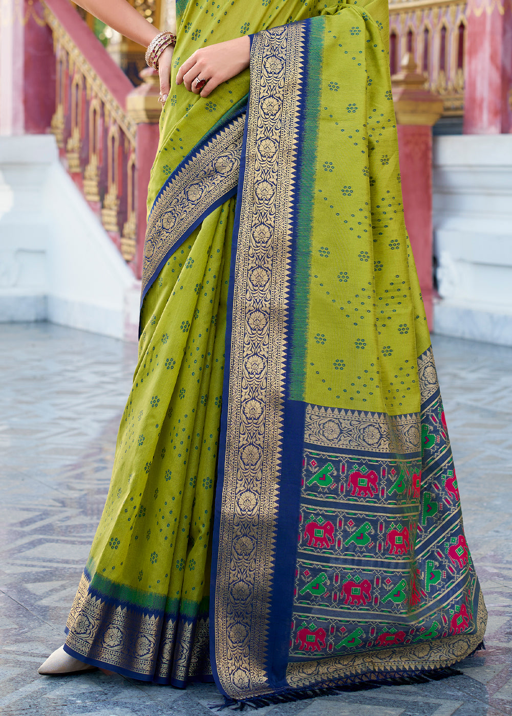 Pea Green Tussar Silk Saree with Exquisite Zari Border & Patola Pallu