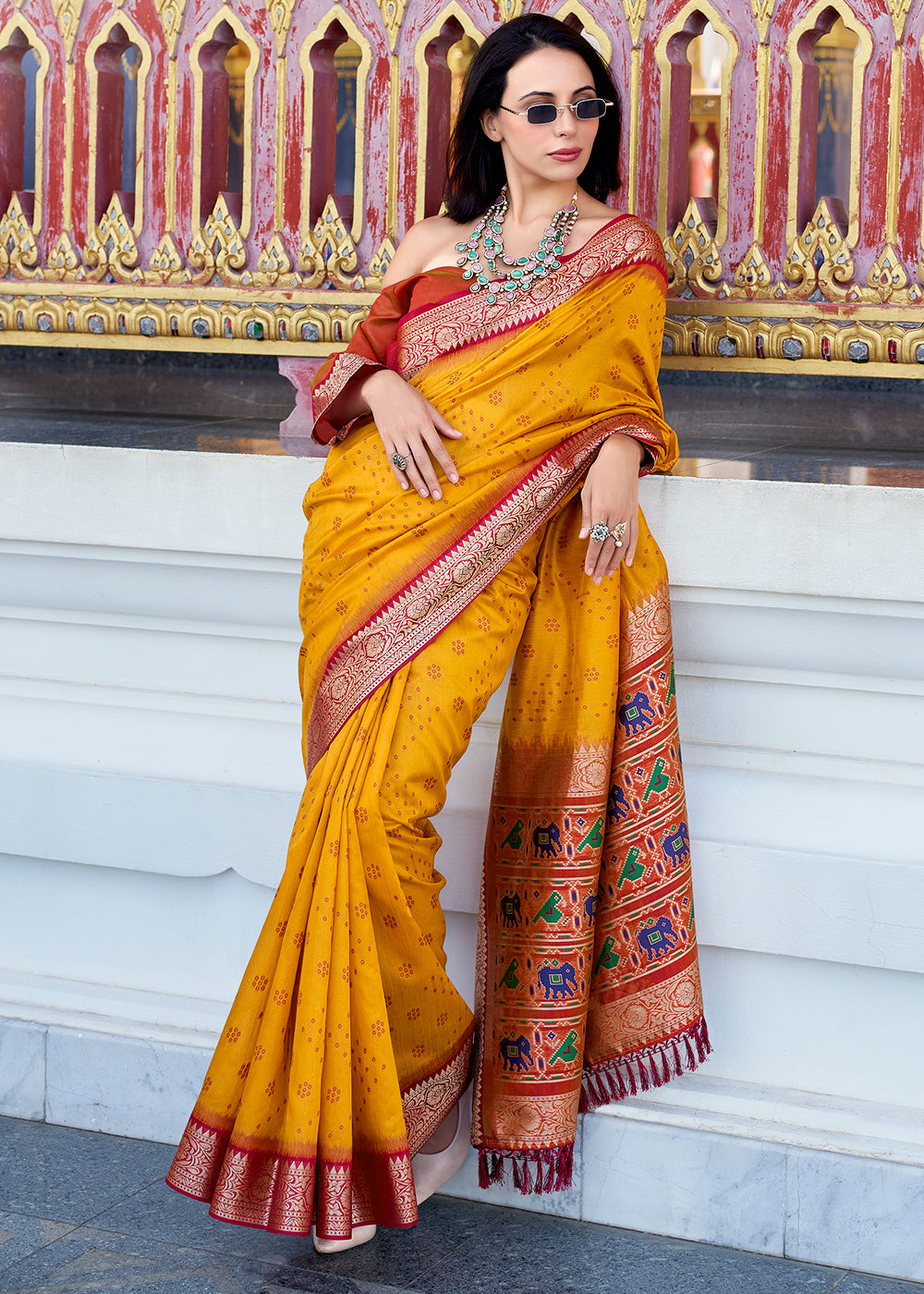 Saffron Yellow Tussar Silk Saree with Exquisite Zari Border & Patola Pallu