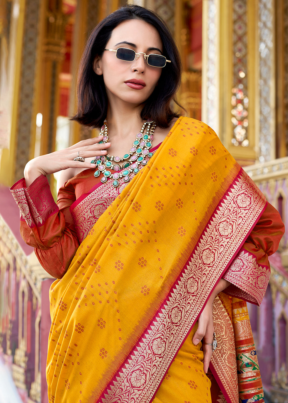 Saffron Yellow Tussar Silk Saree with Exquisite Zari Border & Patola Pallu