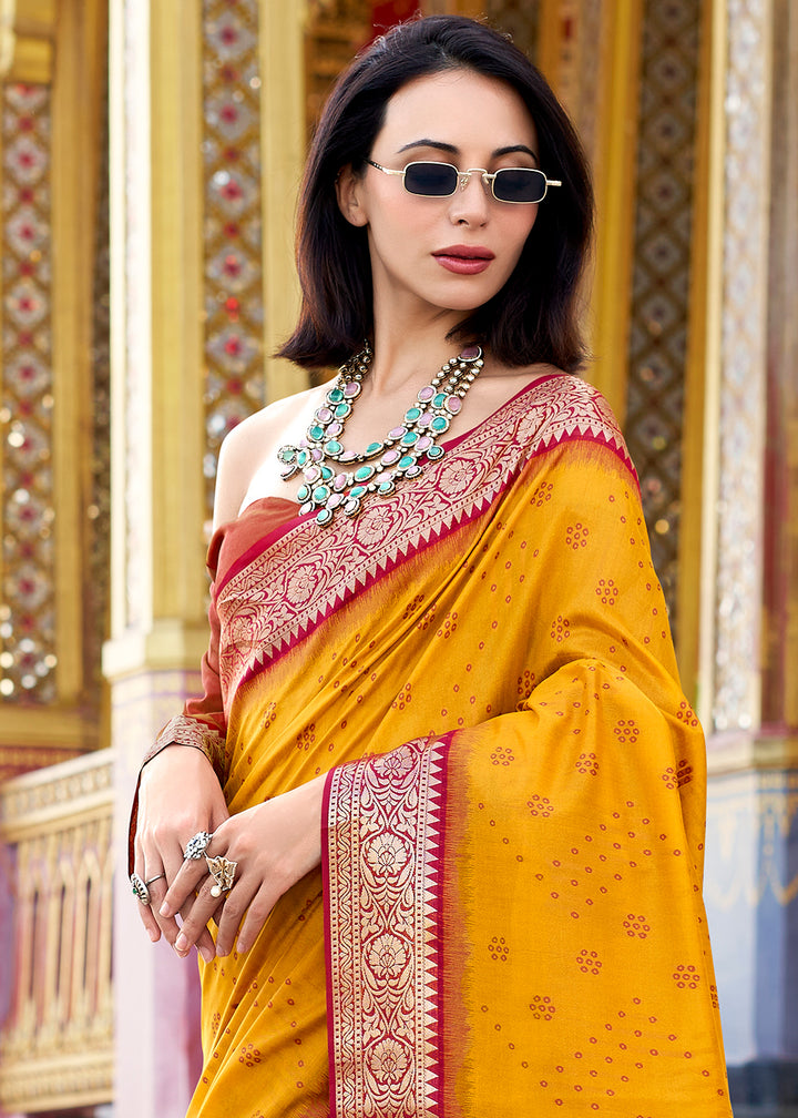 Saffron Yellow Tussar Silk Saree with Exquisite Zari Border & Patola Pallu