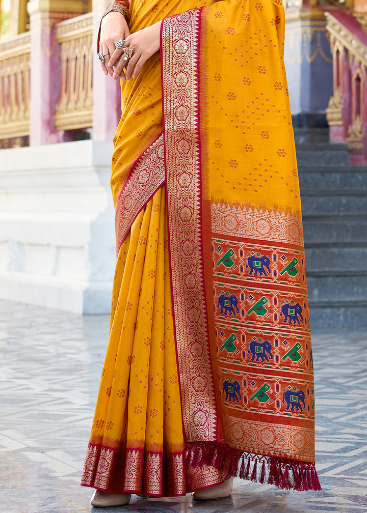 Saffron Yellow Tussar Silk Saree with Exquisite Zari Border & Patola Pallu